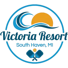 Logo for Victoria Resort in South Haven, MI. Features waves, sun, crossed pickleball paddles, and text in a blue circle.