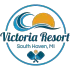 Logo for Victoria Resort in South Haven, MI. Features waves, sun, crossed pickleball paddles, and text in a blue circle.