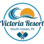 Logo for Victoria Resort in South Haven, MI. Features waves, sun, crossed pickleball paddles, and text in a blue circle.