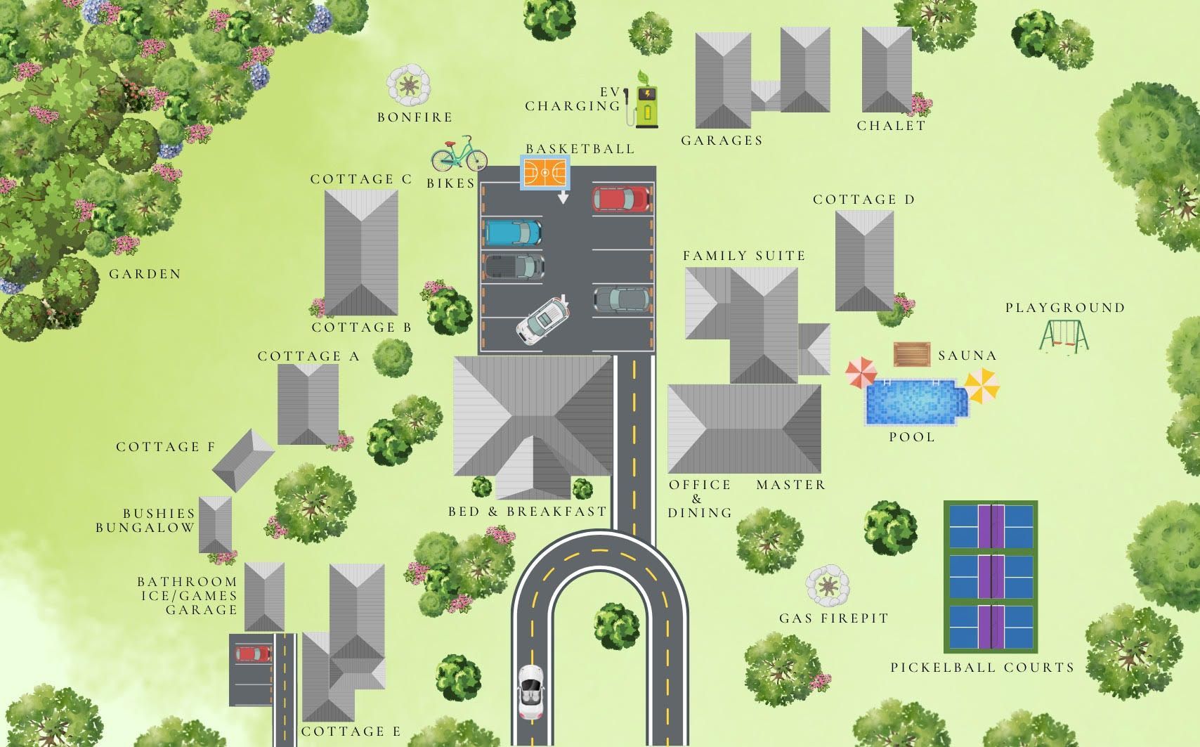 Map of Victoria Resort and Bed & Breakfast with parking, rooms, and nearby attractions.