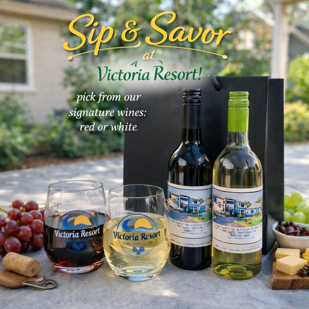 Wine bottles and glasses with the Victoria Resort logo. Promoting signature red or white wines.