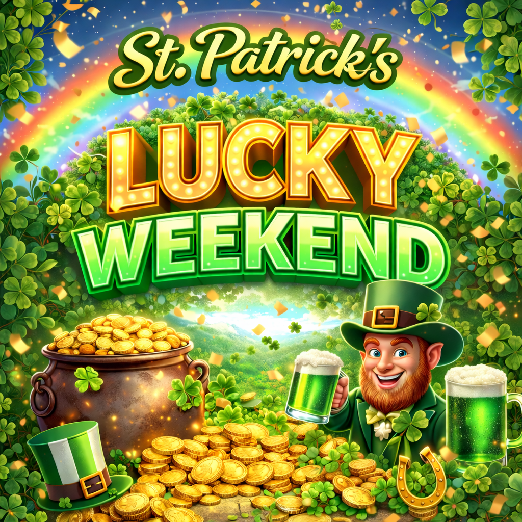 St. Patrick's Day themed graphic with a leprechaun holding beer, pot of gold, rainbow, and clovers.