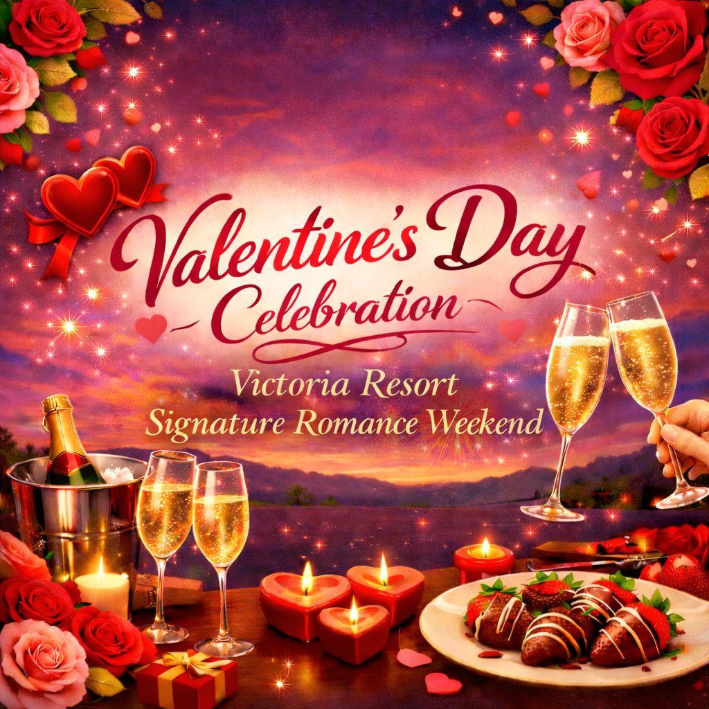 Valentine's Day Celebration at Victoria Resort: champagne, chocolate-covered strawberries, roses, and candlelight on a romantic evening.