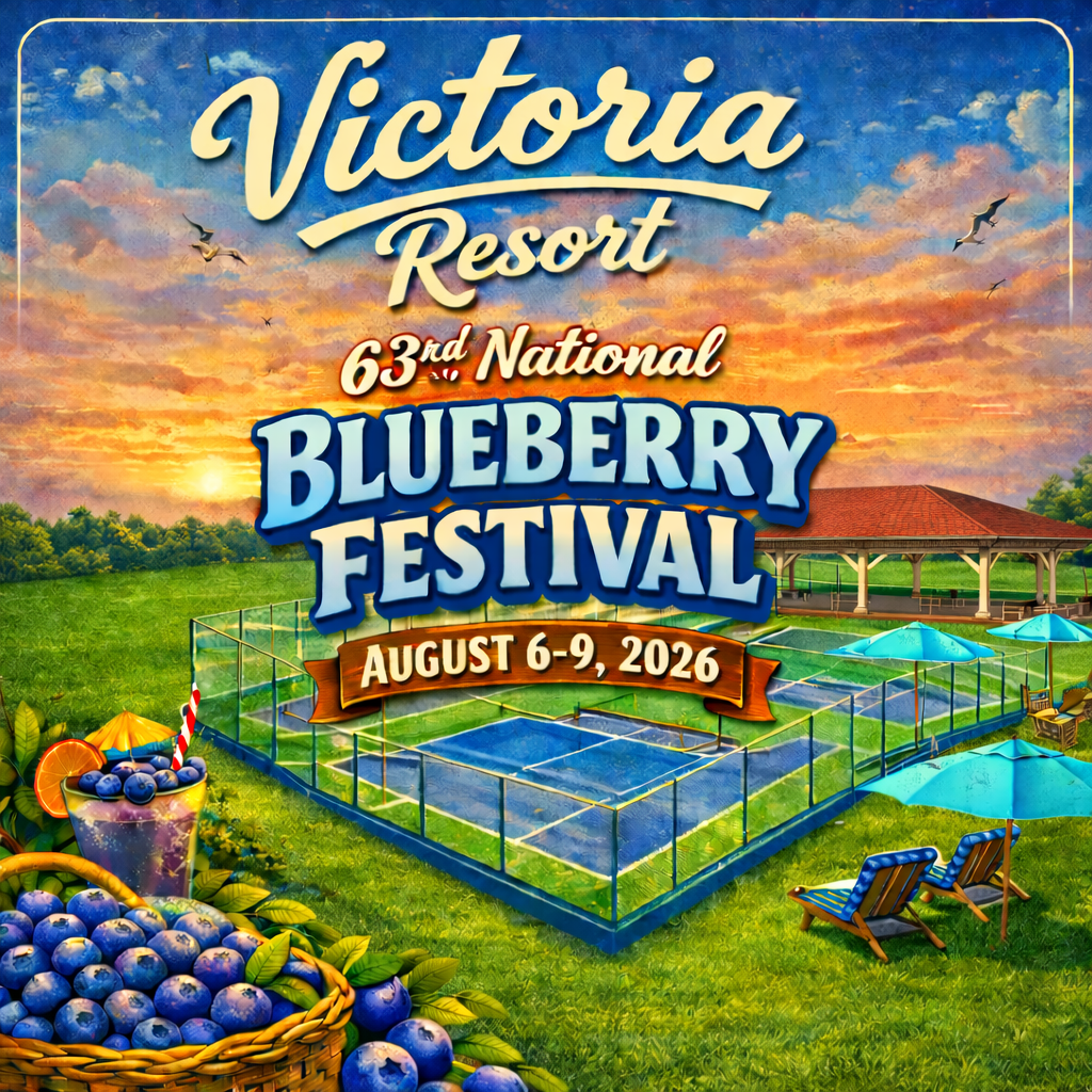 Poster for the 63rd National Blueberry Festival at Victoria Resort, August 6-9, 2026. Includes blueberries, tennis courts, and sunset.