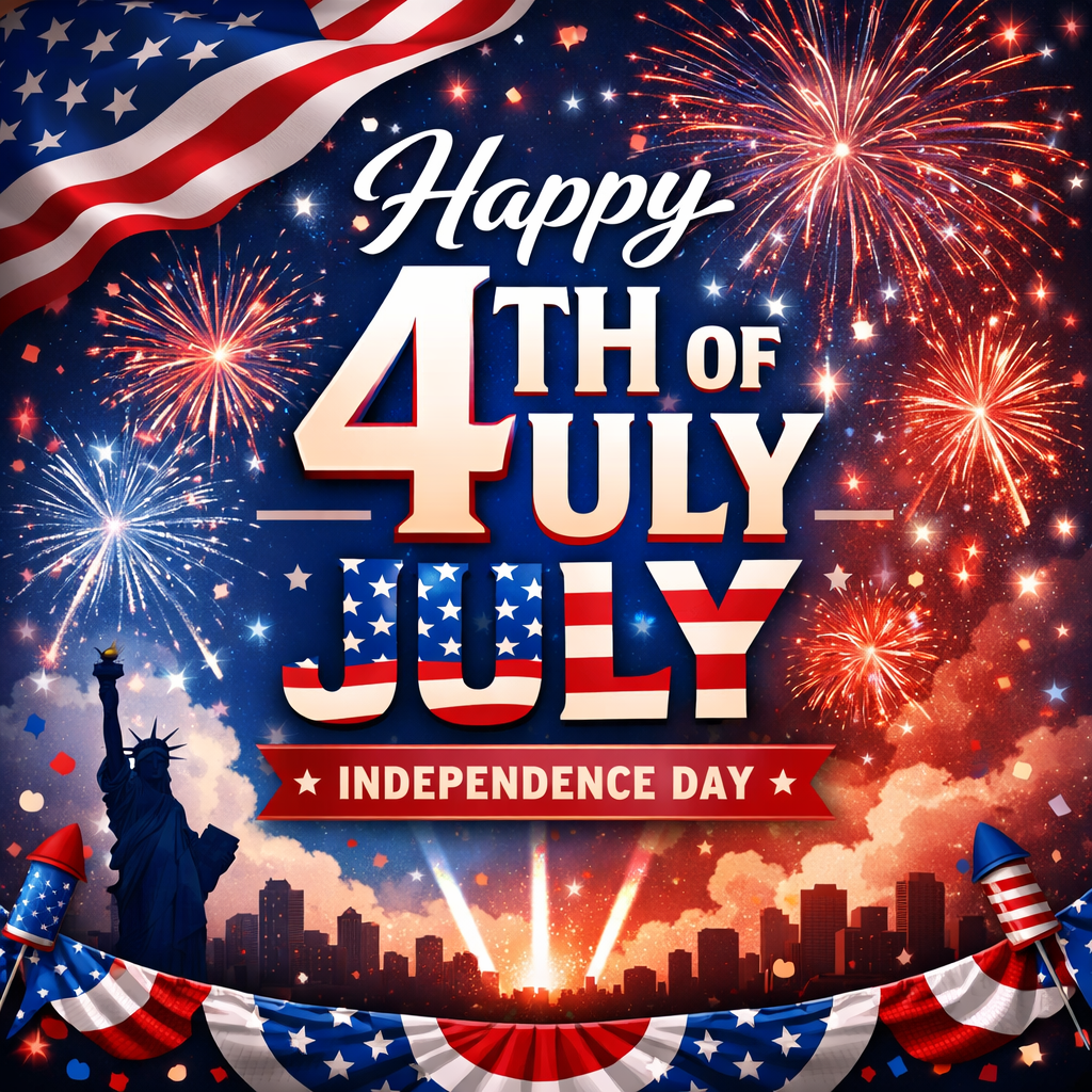 Fireworks over city skyline with American flag and