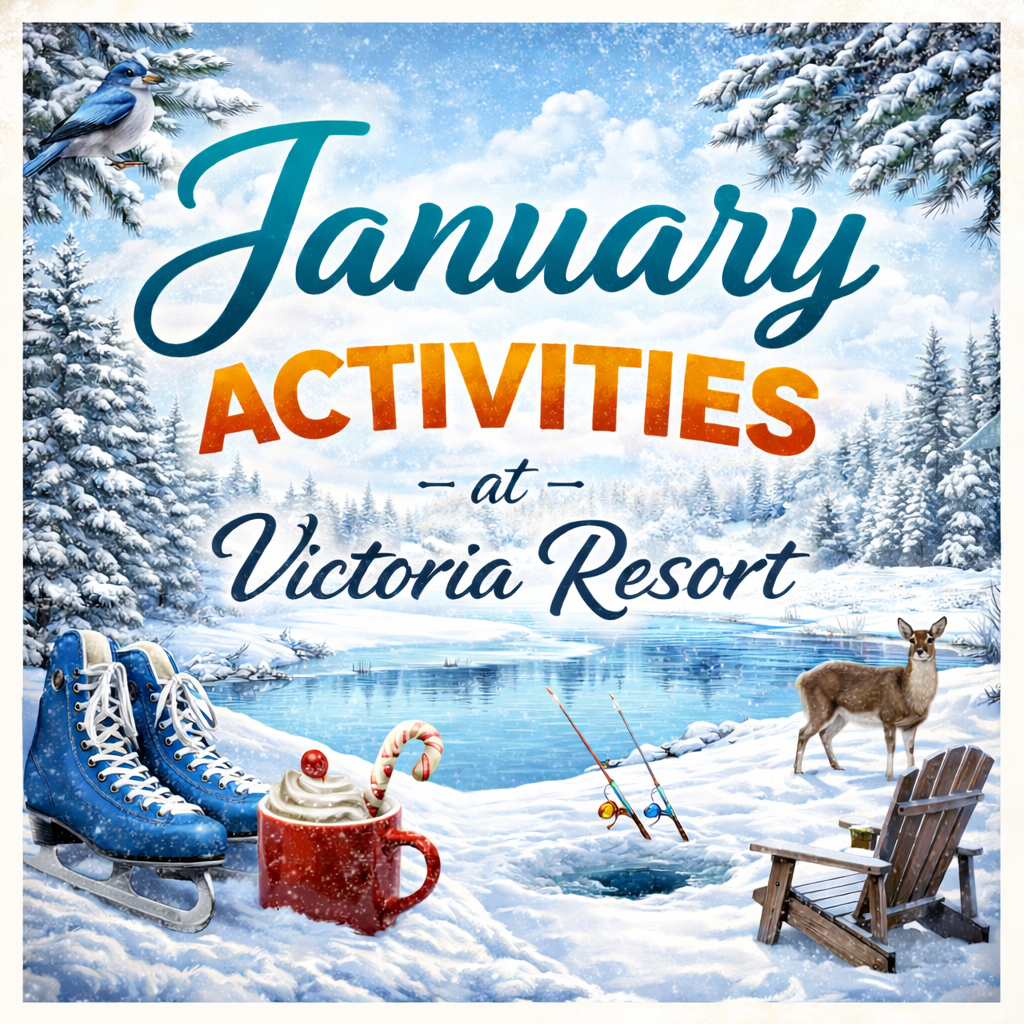 January activities at Victoria Resort: winter scene with ice skates, hot cocoa, ice fishing, deer, and lake.