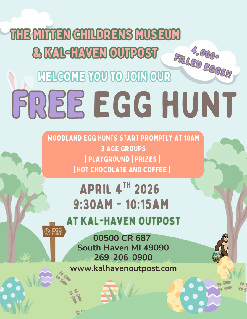 Poster for a free egg hunt at Kal-Haven Outpost. April 4th, 2026. Includes details and contact info.