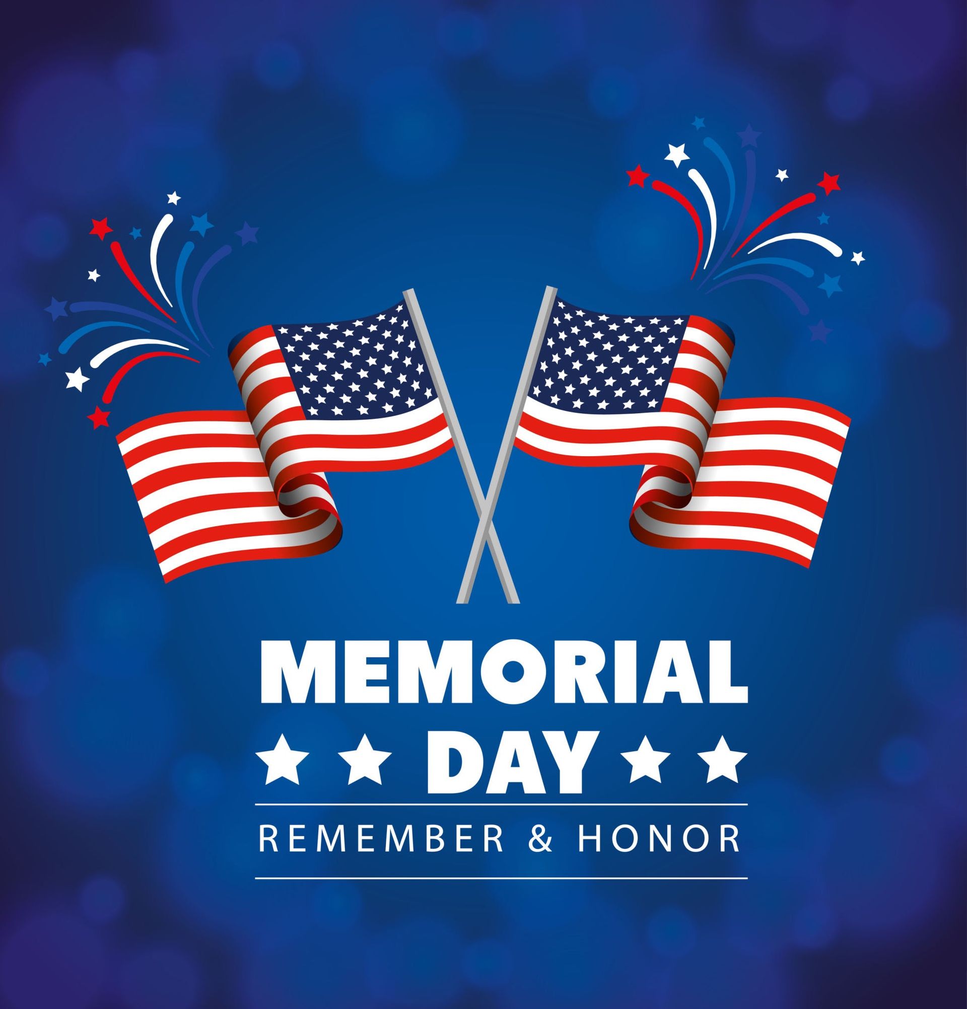 Memorial Day graphic with waving American flags, blue background, and text