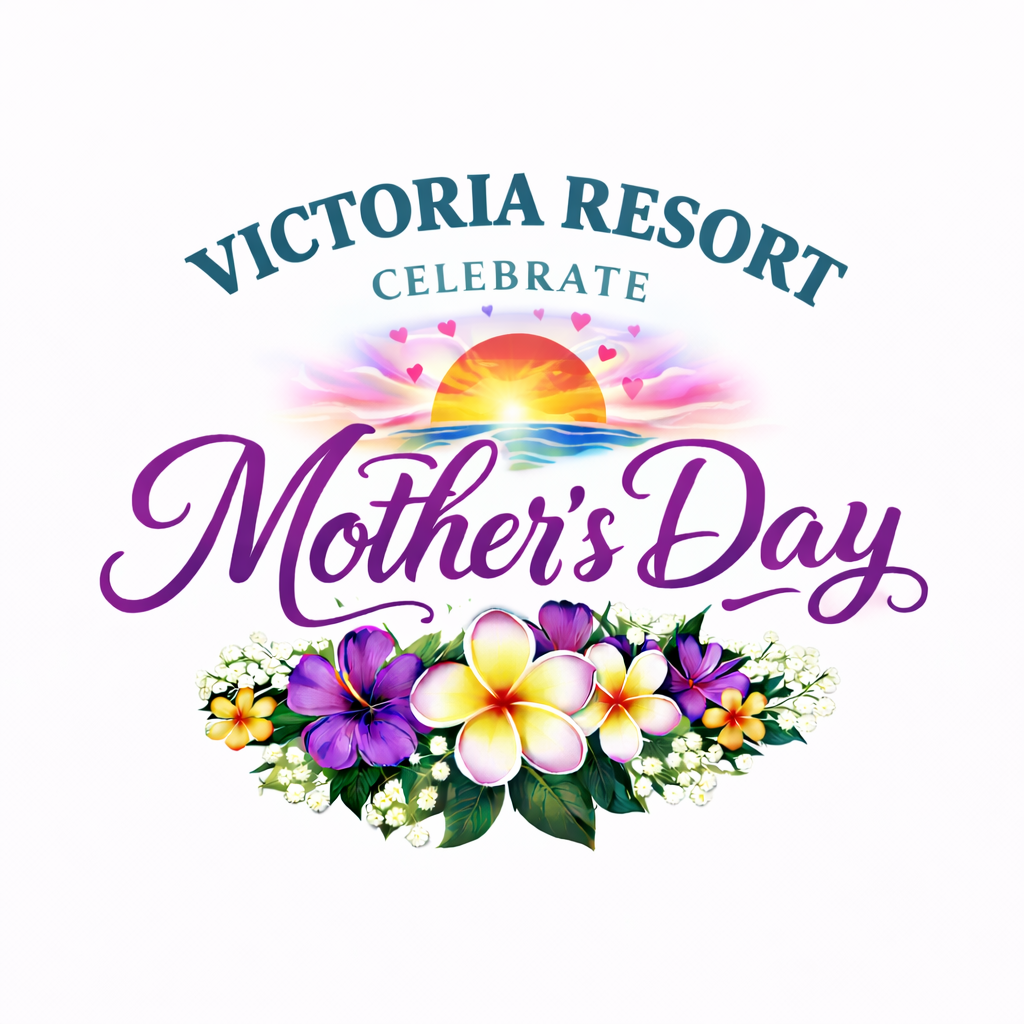 Victoria Resort Mother's Day advertisement. Sunset over ocean with flowers. Purple and white script.