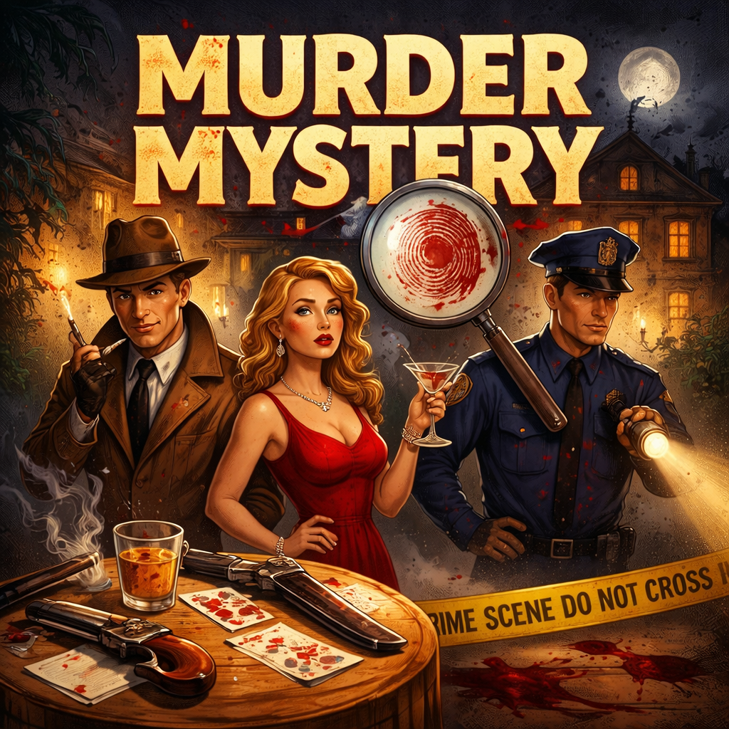 Murder mystery illustration: a detective, a woman with a cocktail, a police officer with crime scene tape.