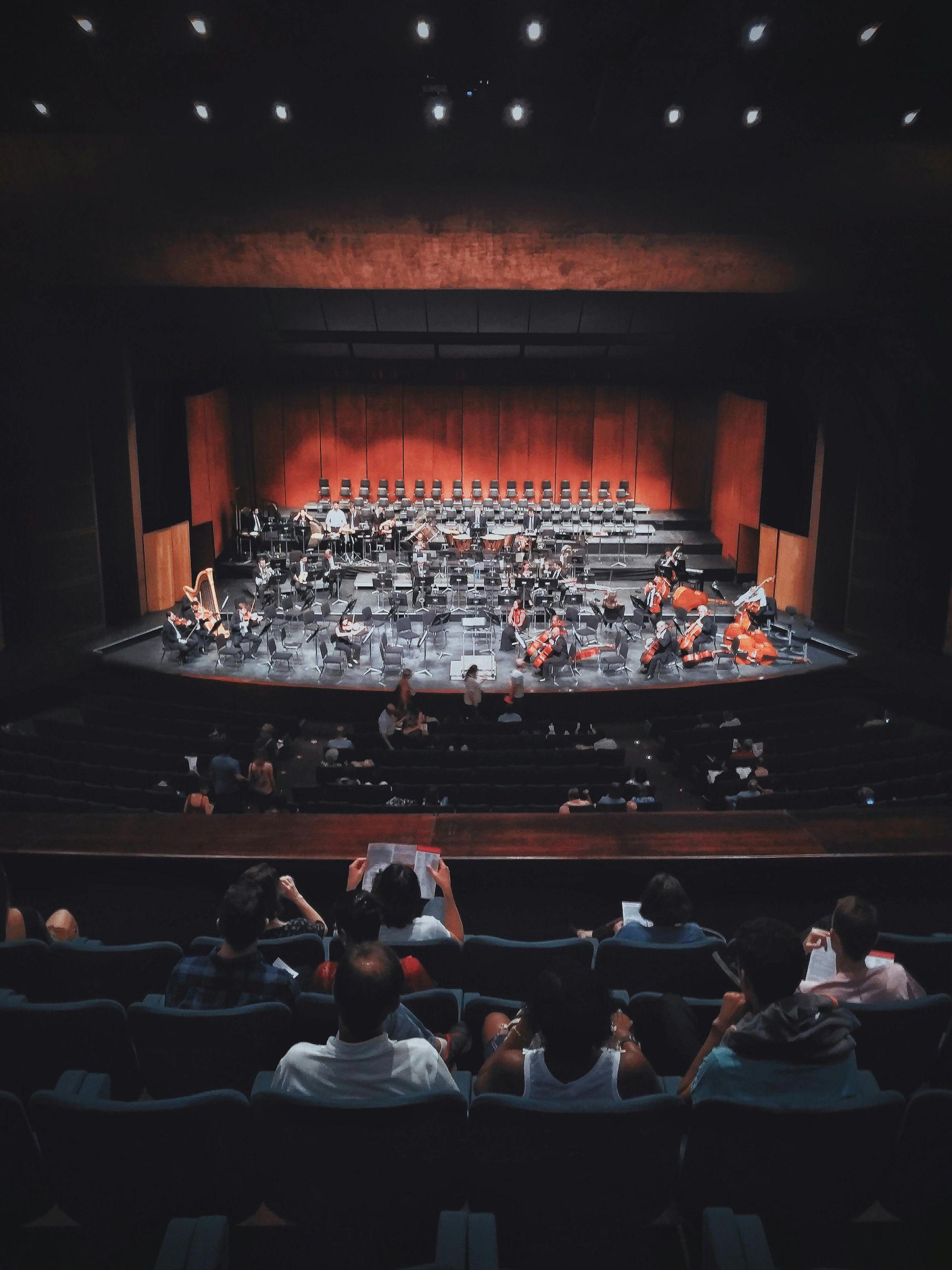 Audience in dark seats watching an orchestra perform on a brightly lit stage with red curtain backdrop.