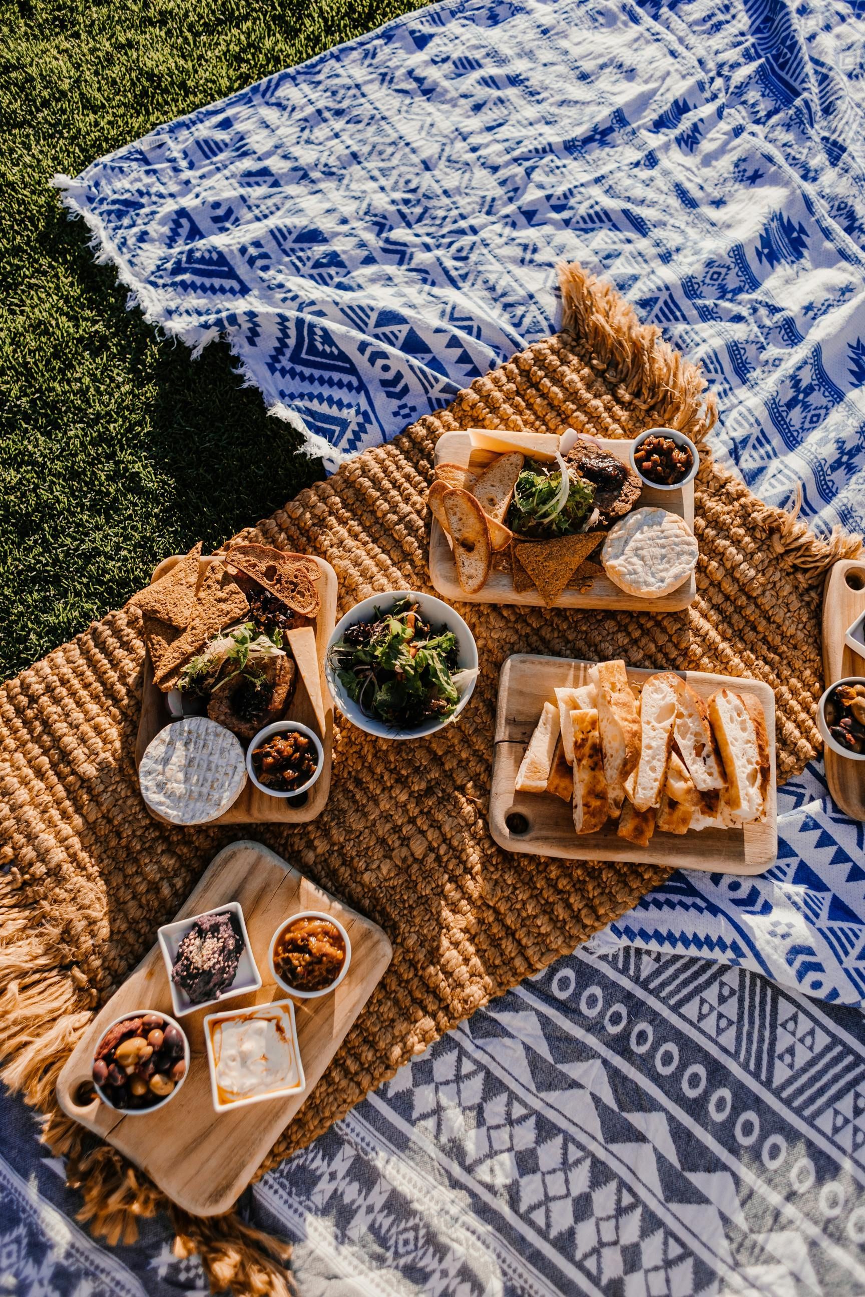 Picnic spread on a blanket with food platters, bowls of dips, and a blue and white patterned blanket on grass.