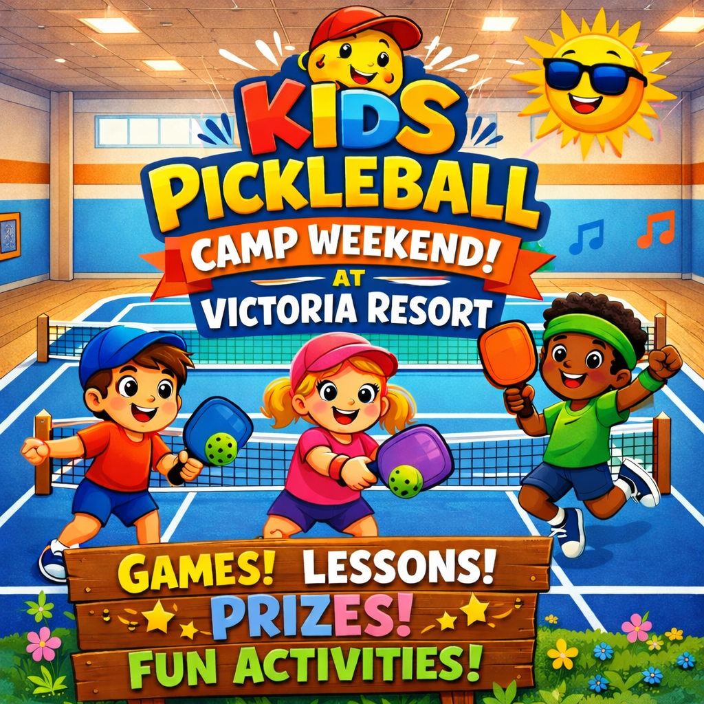 Kids pickleball camp weekend at Victoria Resort. Children play pickleball, with games, lessons, prizes, and fun activities.