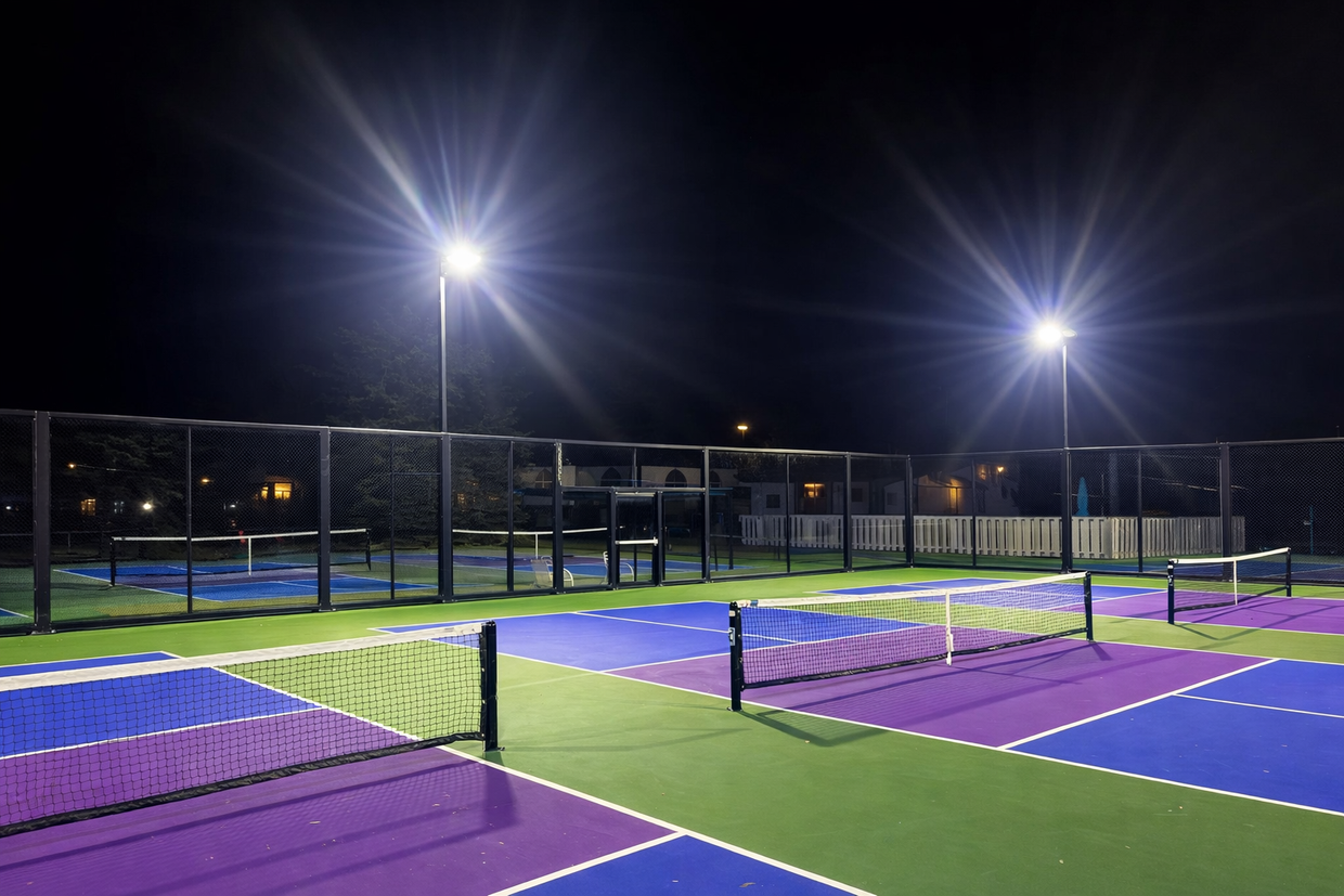 Lit outdoor pickleball courts at night; colorful court surfaces, nets, and fence.