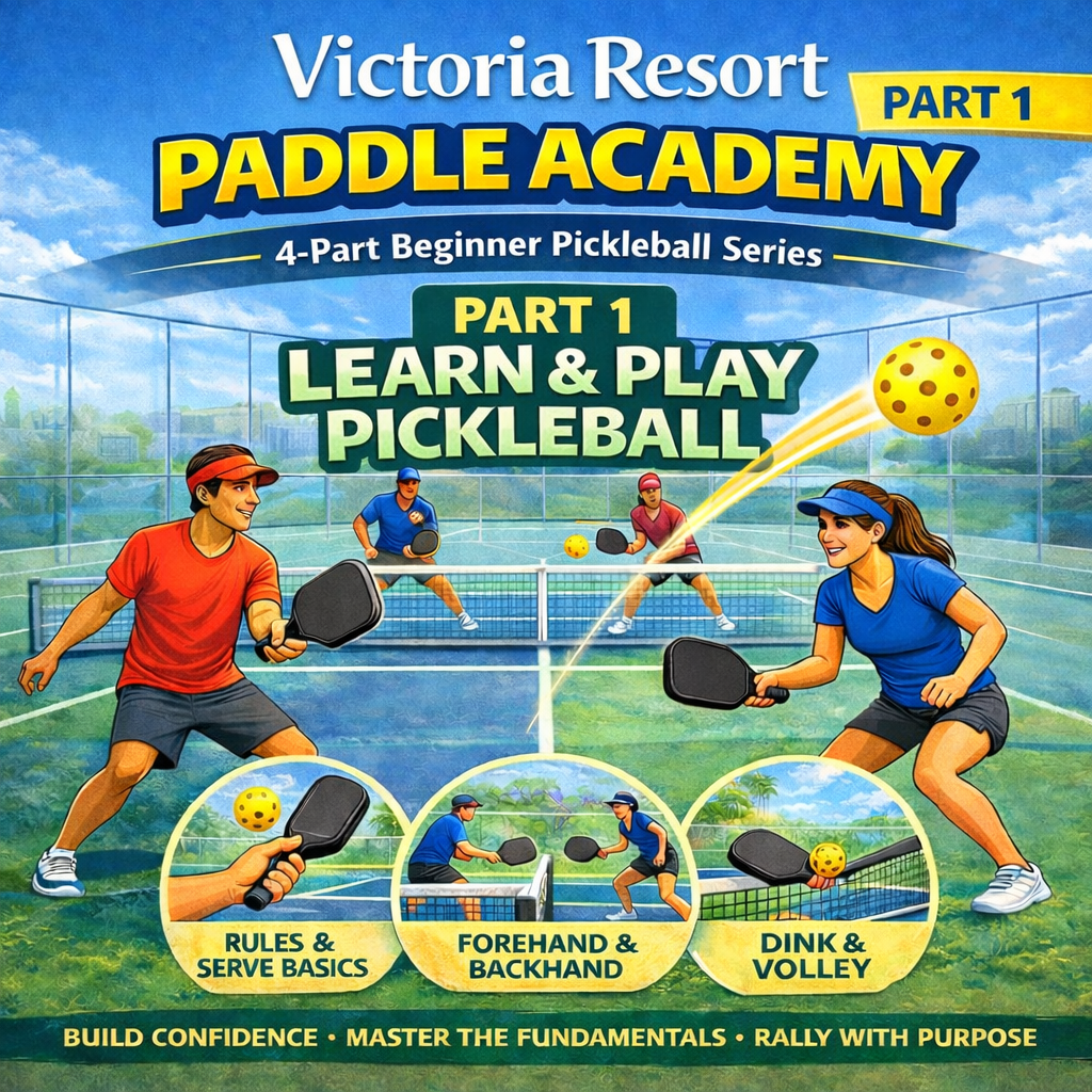Victoria Resort Pickleball Academy, Part 1: Learn & Play Pickleball. People playing, rules, strokes explained, turquoise, blue, green, and yellow colors.