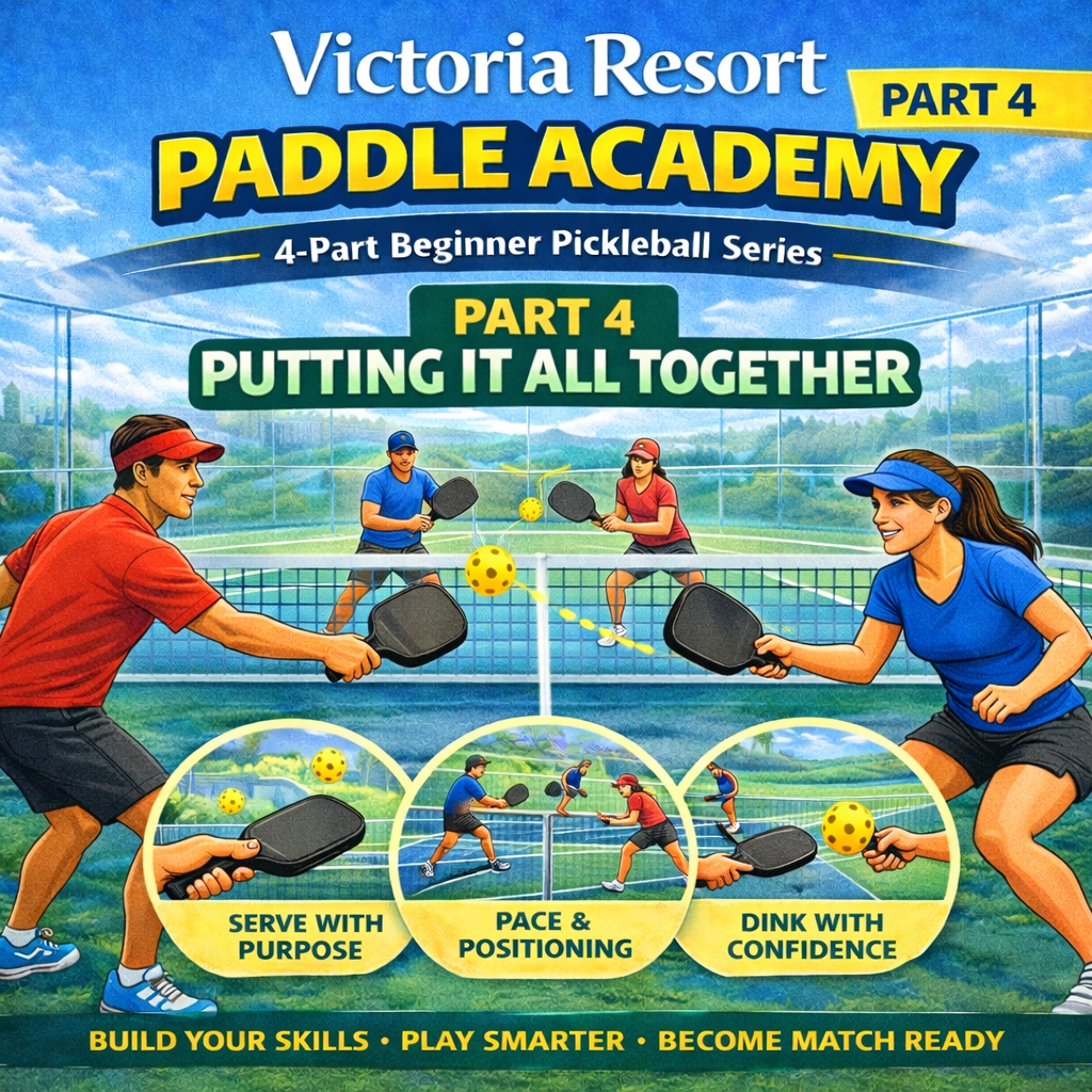 Victoria Resort Paddle Academy Part 4: Pickleball instruction, putting it all together. People playing on a court, bright colors.