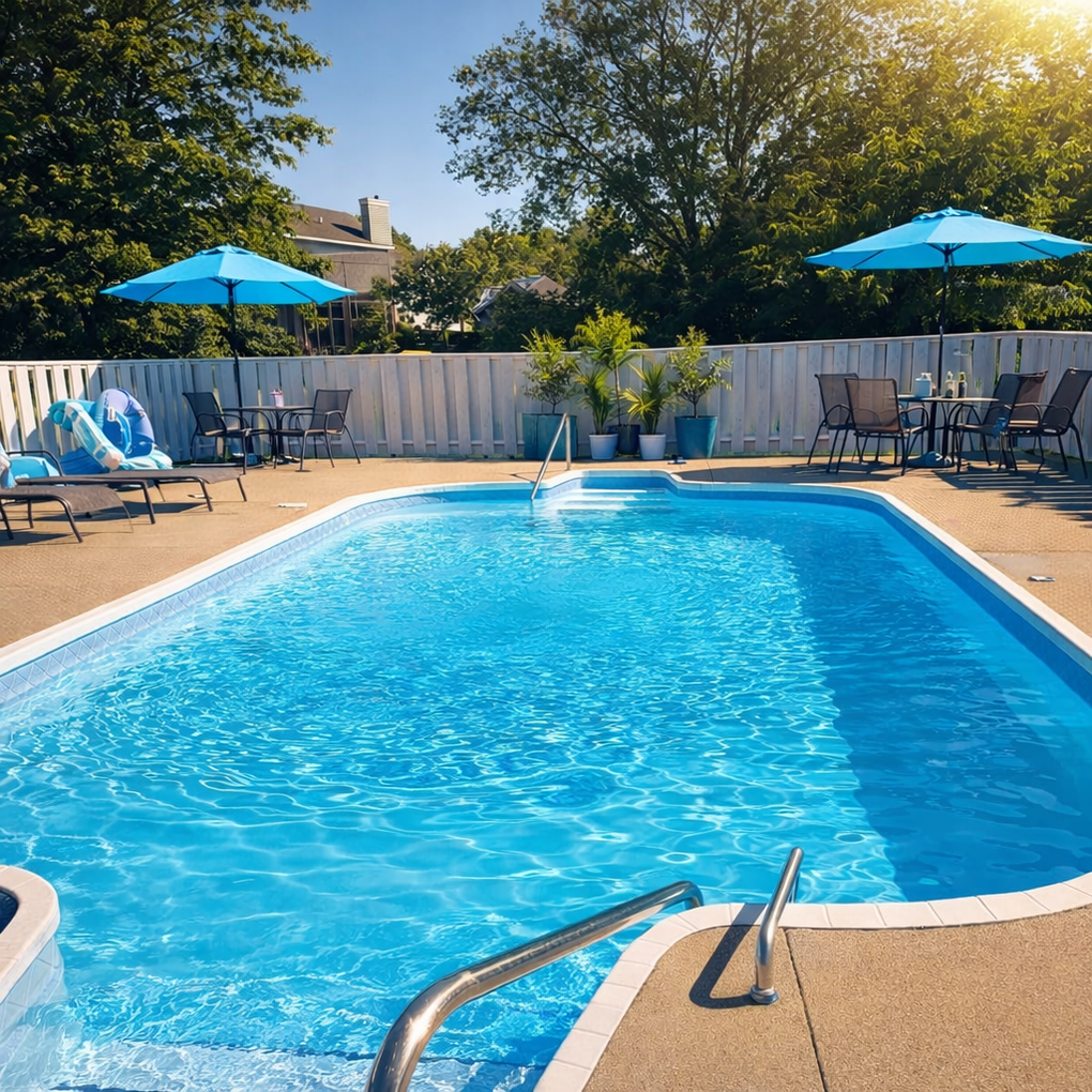 Swimming pool with blue water, surrounded by lounge chairs, in front of a white building under a blue sky.