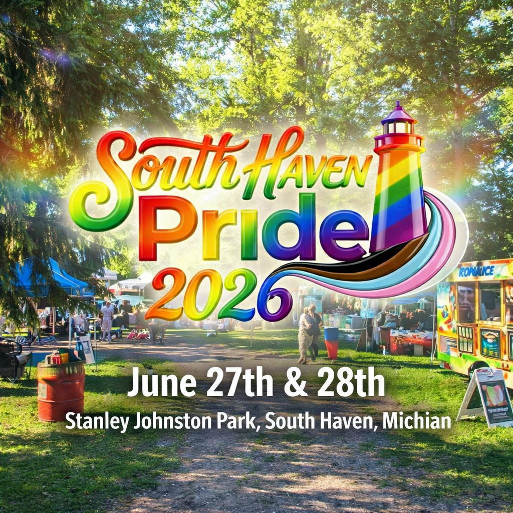South Haven Pride 2026 event poster. Dates: June 27th & 28th. Location: Stanley Johnston Park, South Haven, Michigan. Rainbow lighthouse.