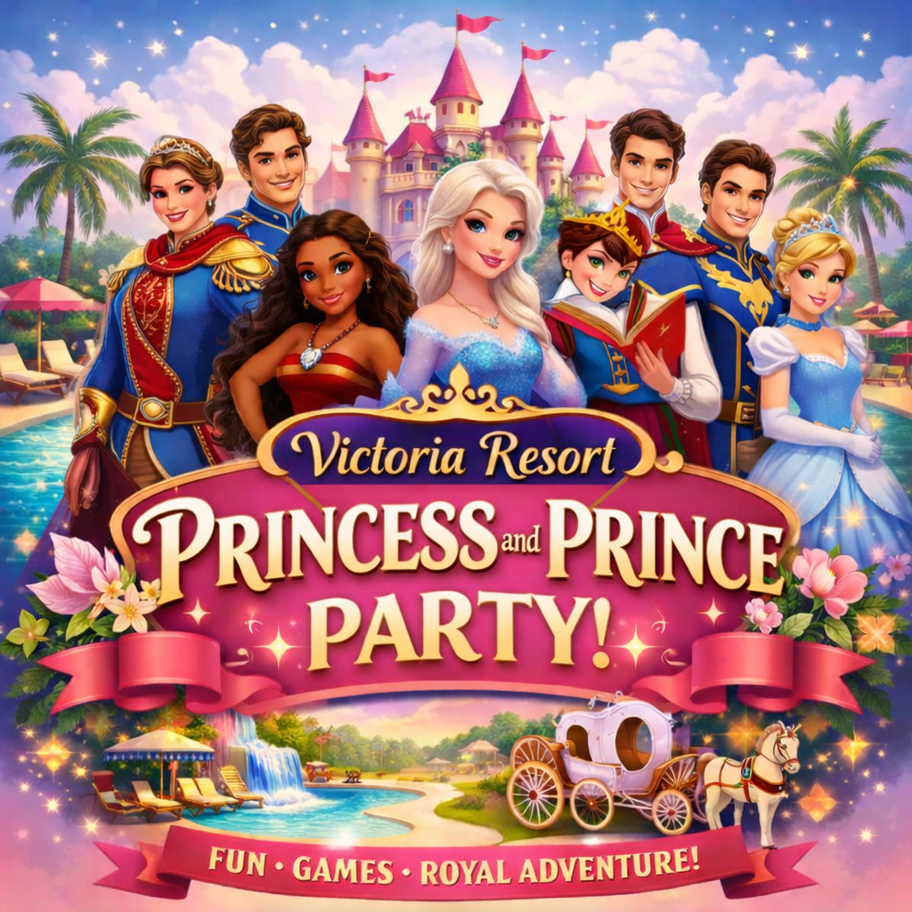 Victoria Resort: Princess and Prince Party! Group of animated fairytale characters at a resort with a castle and pool.