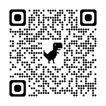 QR code with a pixelated dinosaur in the center.
