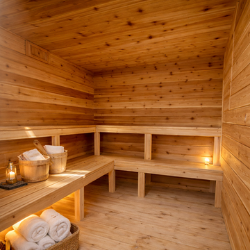 Wooden sauna with benches, towels, and a small candle.
