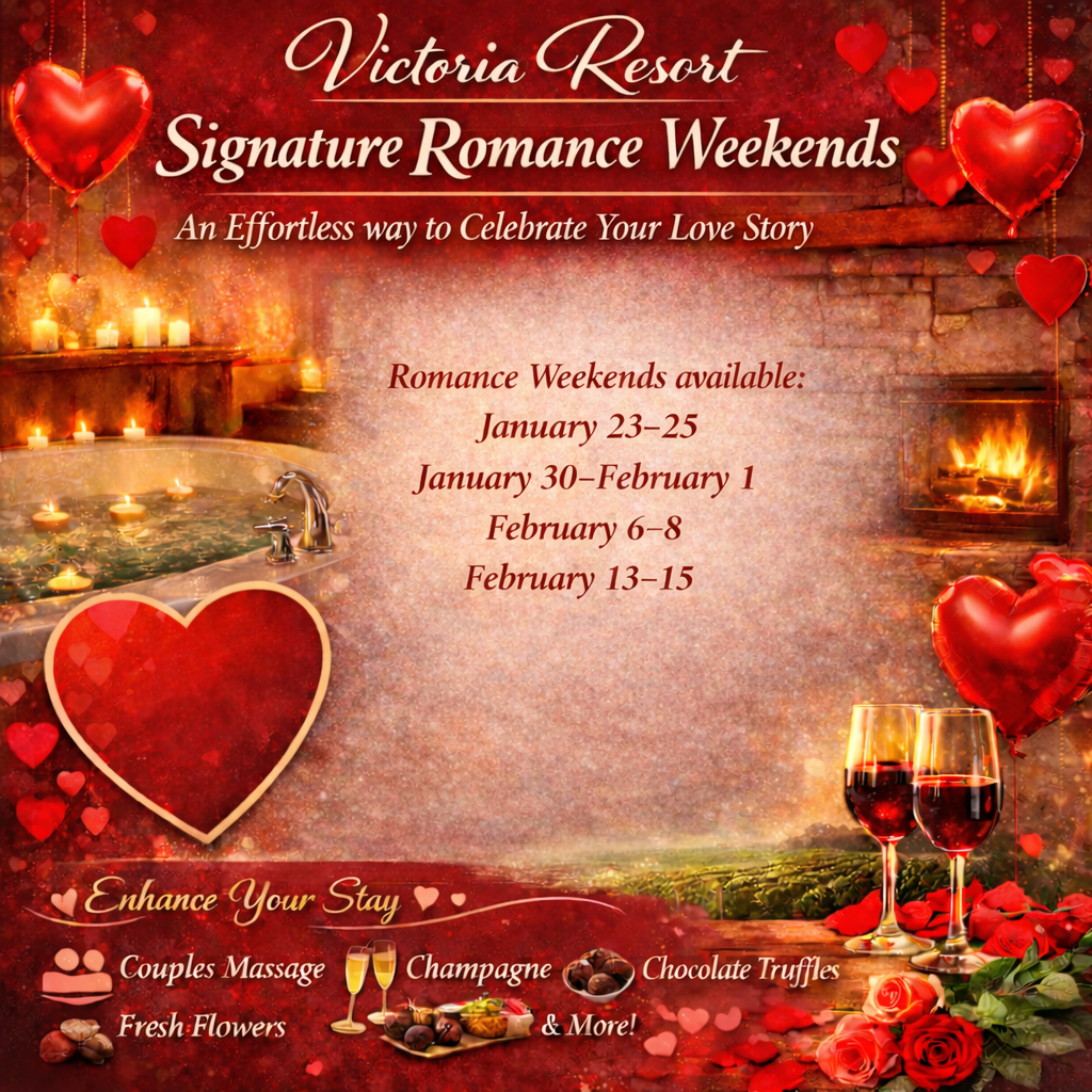 Romantic resort weekend advertisement with heart decorations, wine, and text listing available dates.