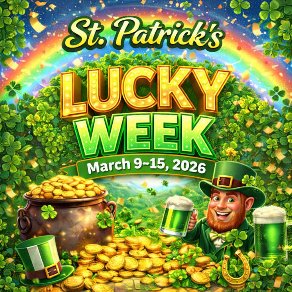 St. Patrick's Day themed graphic with a leprechaun holding beer, pot of gold, rainbow, and clovers.