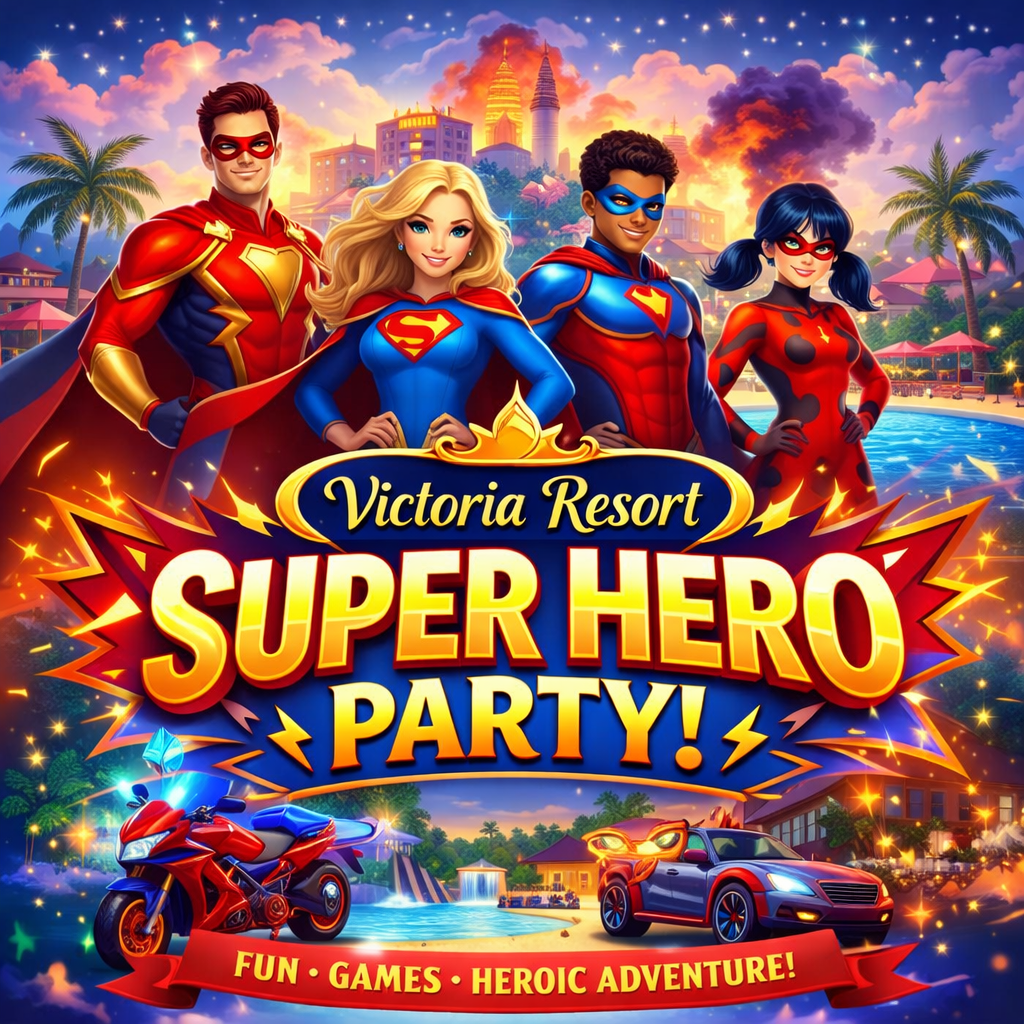 Superhero party at Victoria Resort: four costumed heroes in front of a resort scene.