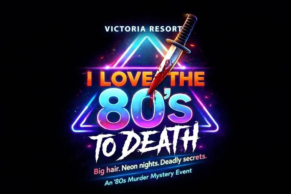 Neon 80s themed murder mystery event logo: Knife dripping blood,