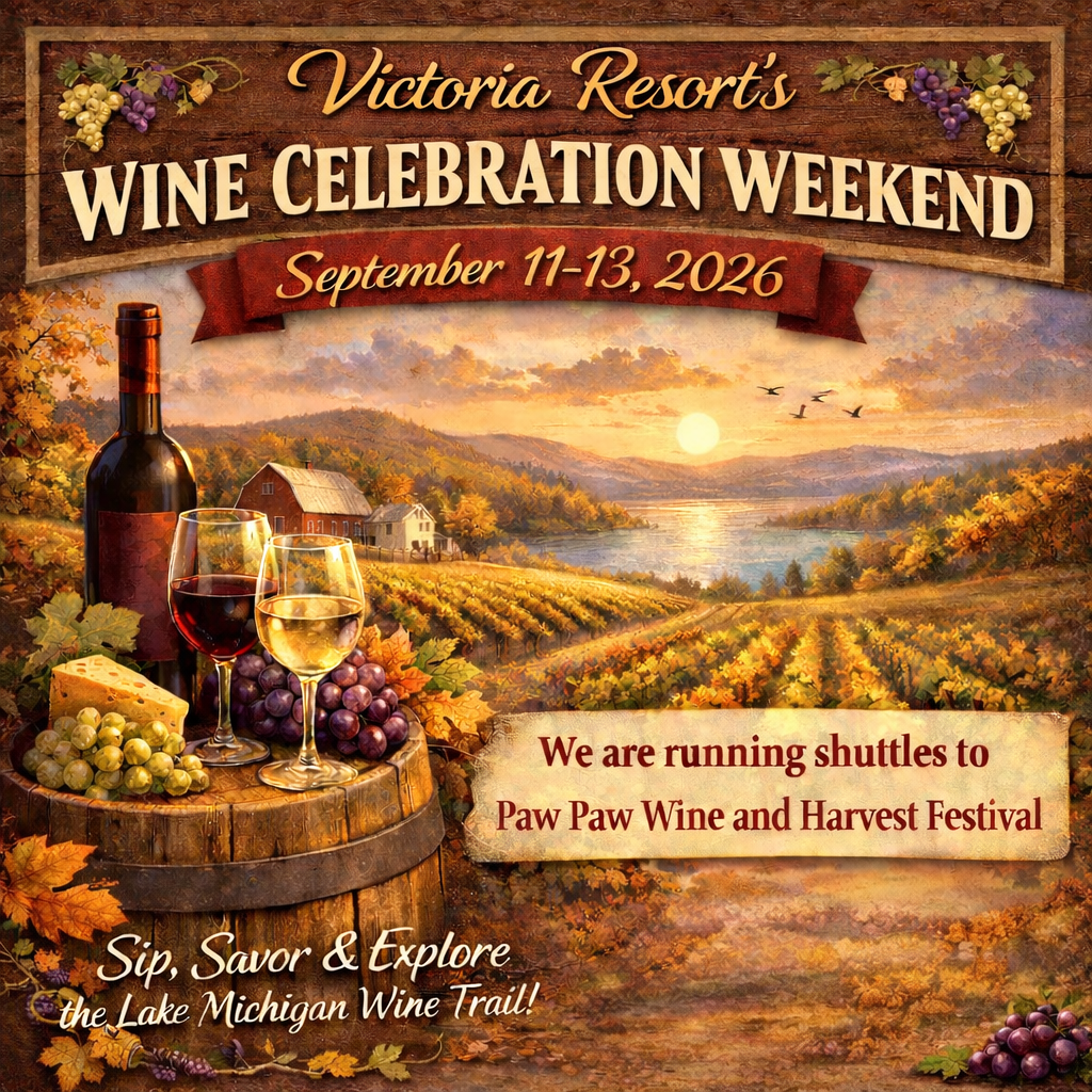 Wine Celebration Weekend at Victoria Resort, Sept 11-13, 2026. Shuttles to Paw Paw Wine & Harvest Festival. Autumn vineyard scene.
