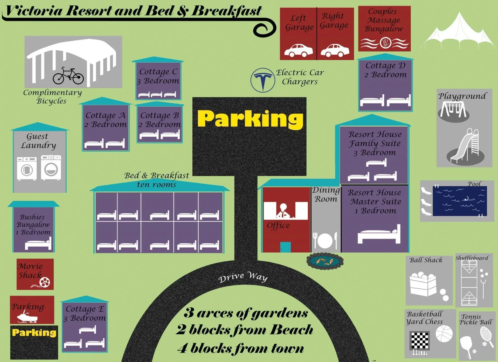 Map of Victoria Resort and Bed & Breakfast with parking, rooms, and nearby attractions.