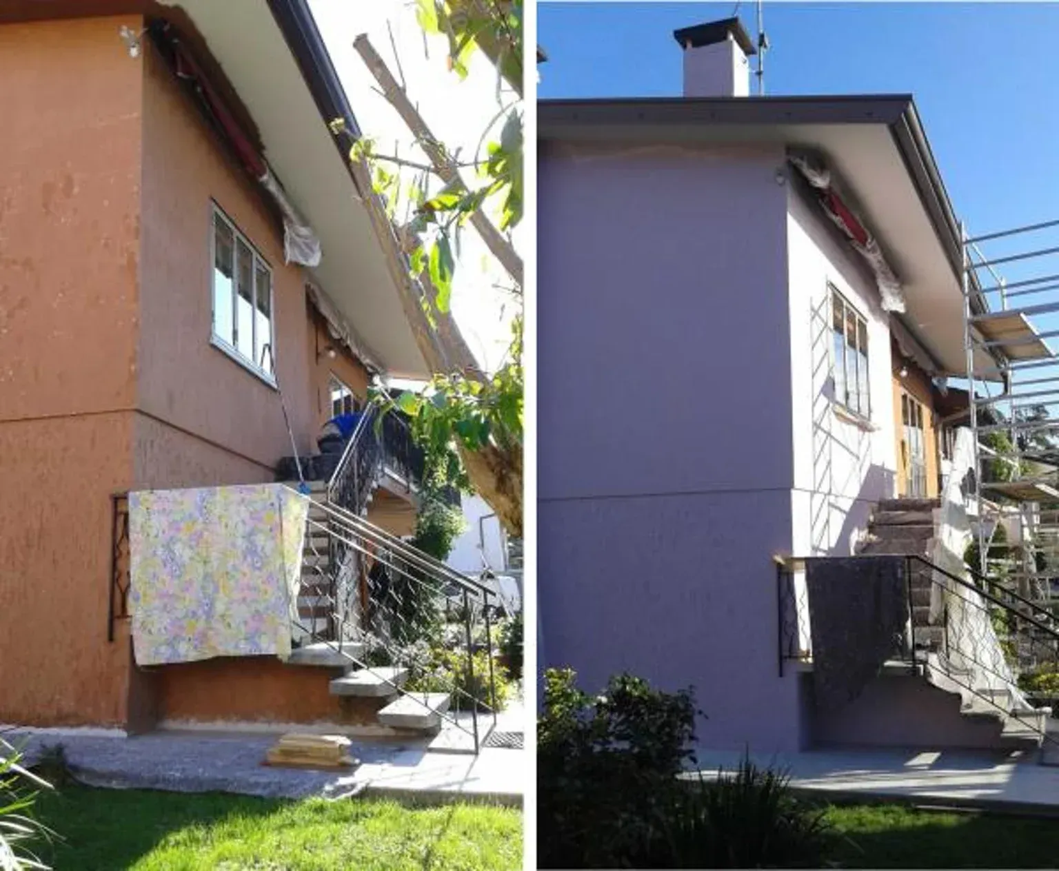 Vista affiancata: esterno della casa prima e dopo la verniciatura. Colori da arancione a lavanda. Scale e impalcature visibili.