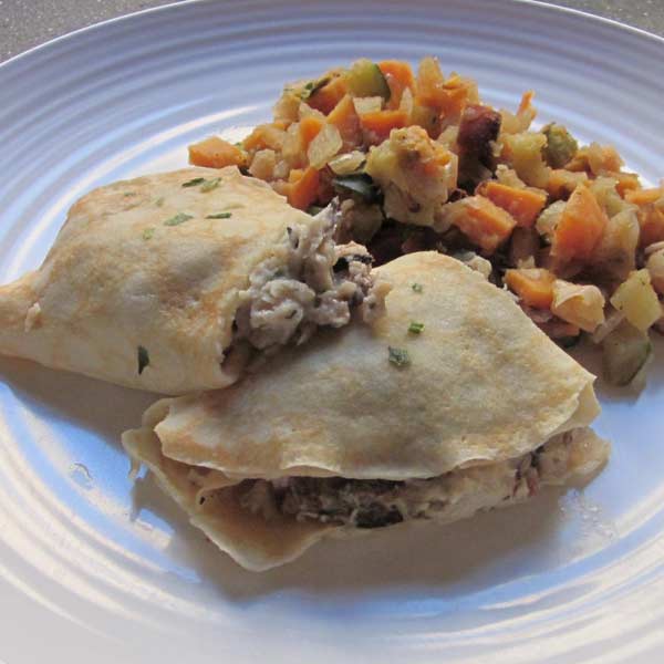 Chicken and Mushroom Crepes with a Zucchini and Sweet Potato Hash