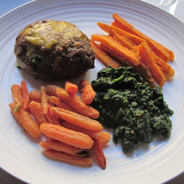 Meatloaf with Ground Turkey and Ground Beef, Bacon, and Cheddar Cheese with Sweet Potato Fries and Carrots and Spinach