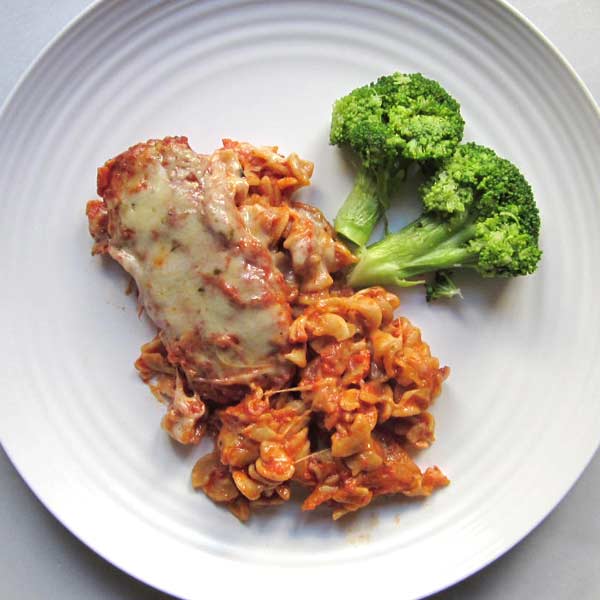 Chicken Parmesan with Pasta and Broccoli Florets