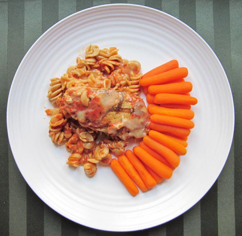 Chicken Parmesan with Baby Carrots and Rotini Pasta in Sauce