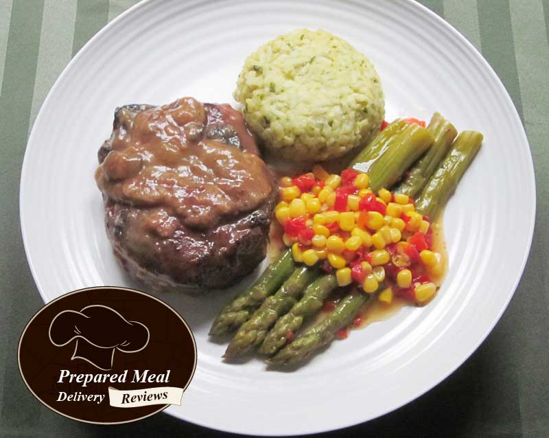 Our DineWise Review Meal Delivery Service: Beef Sirloin Steak with Morel Sauce, a Risotto Rice Cake, and the Corn and Red Pepper Asparagus