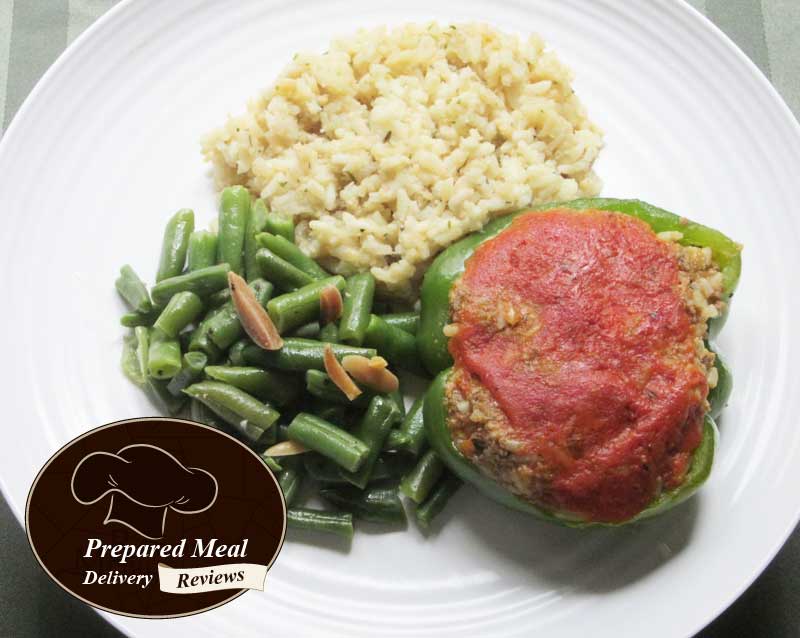 Beef Stuffed Pepper with Rice and Green Beans Almondine