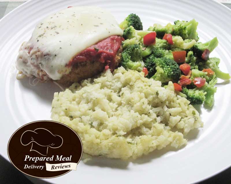 Chicken Parmesan with Pureed Cauliflower and Broccoli with Red Peppers