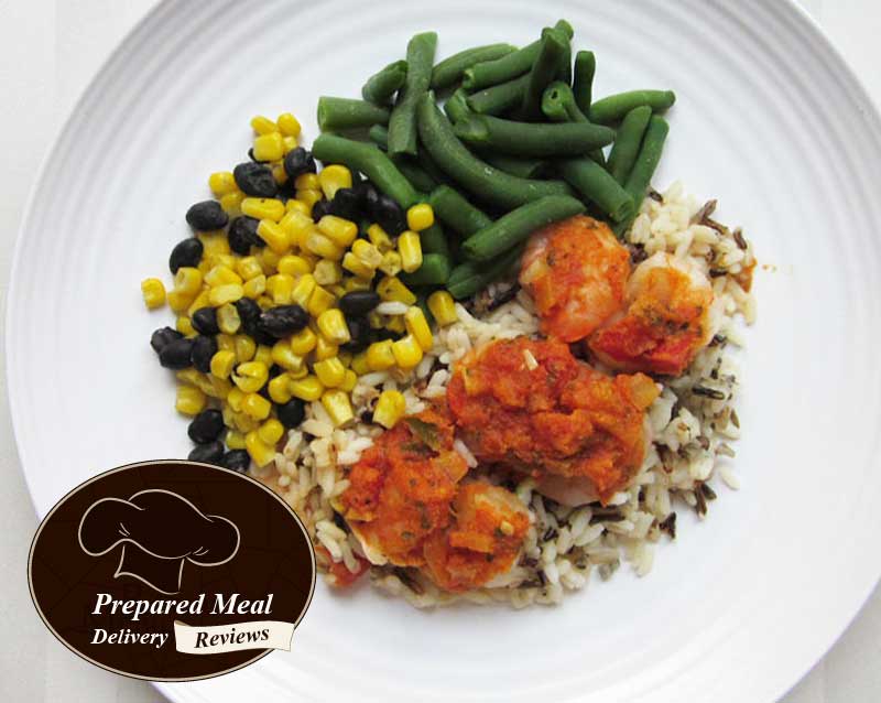 Shrimp Creole over Wild and White Rice Blend with Corn and Black Beans and Green Beans