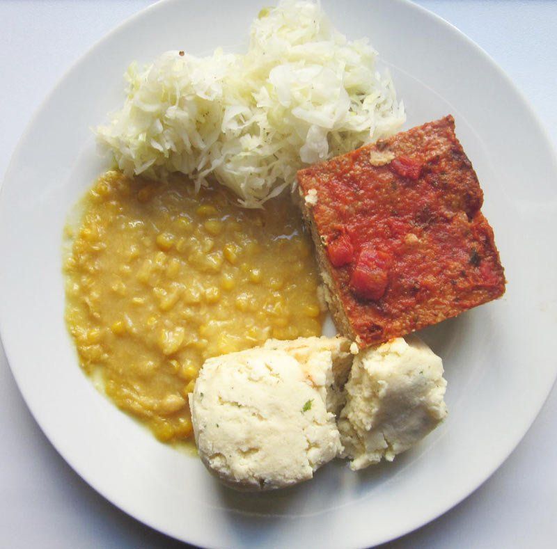 Turkey Meatloaf with Creamed Corn, Mashed Potatoes and Cabbage