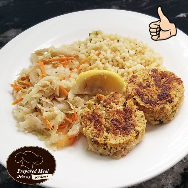 Seared Lump Crab Meat Cakes with Vegetable CousCous with Cabbag