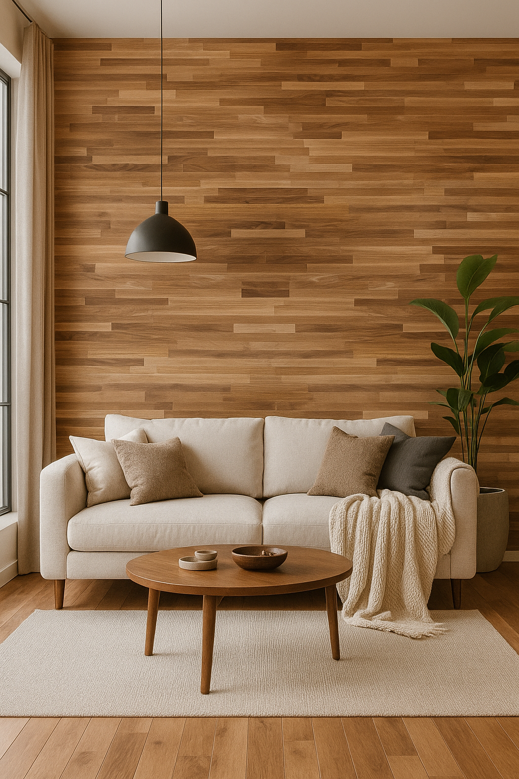 Sala de estar con sofá beige, pared de madera, mesa de centro redonda y alfombra.