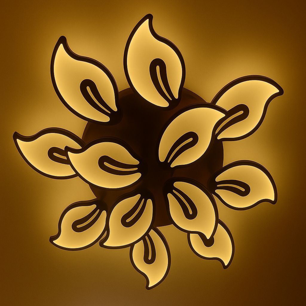 Lámpara de techo con paneles en forma de hojas, que brilla en amarillo sobre un centro marrón oscuro y un techo circundante.