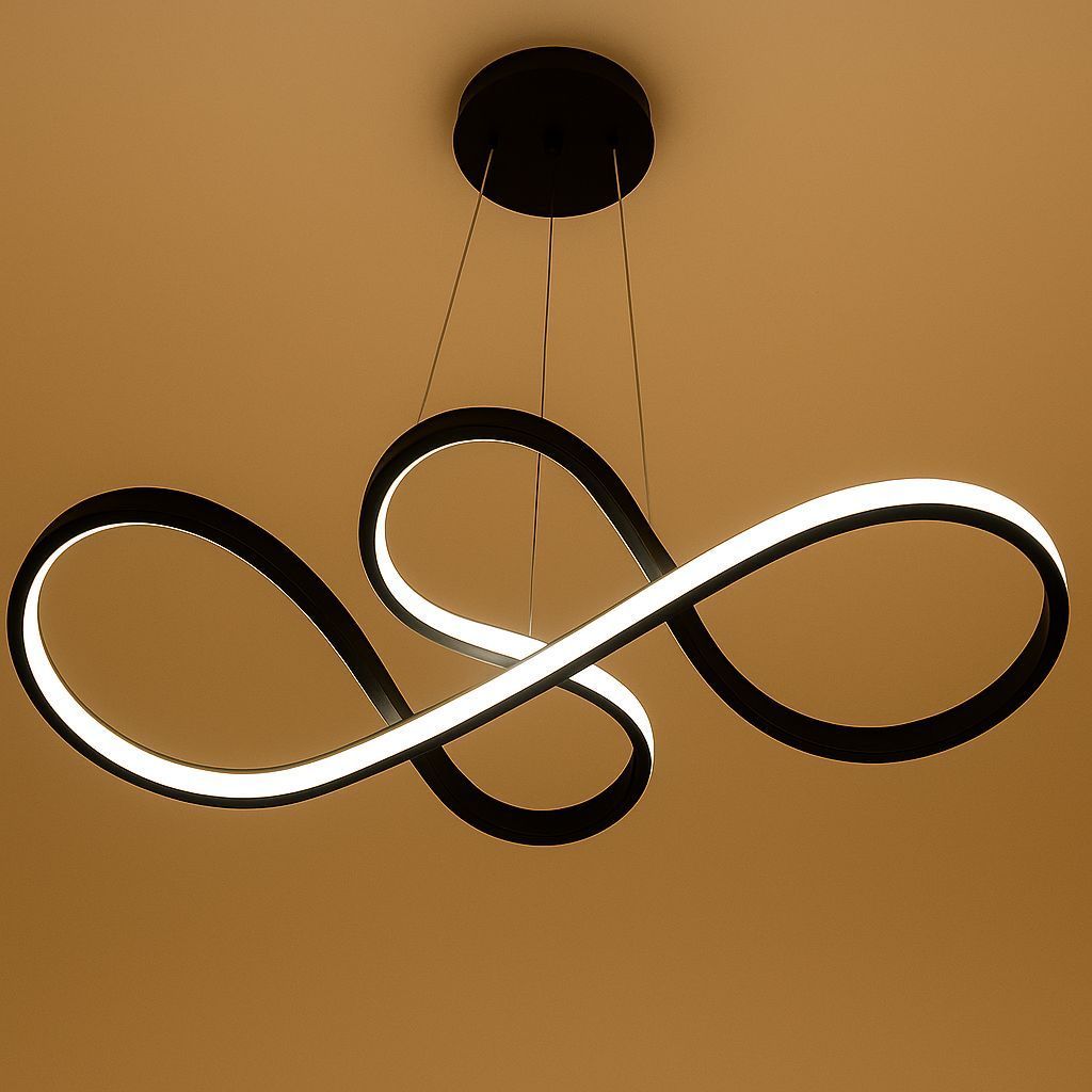 Lámpara de araña LED negra con forma de infinito colgando del techo.