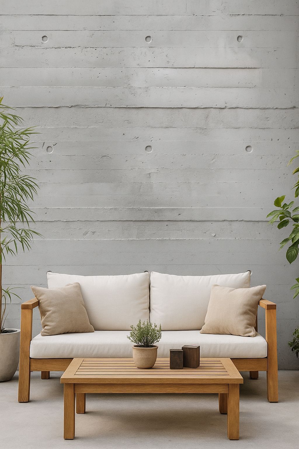 Sofá de madera para exterior y mesa de centro con cojines neutros y plantas en macetas contra una pared de hormigón.