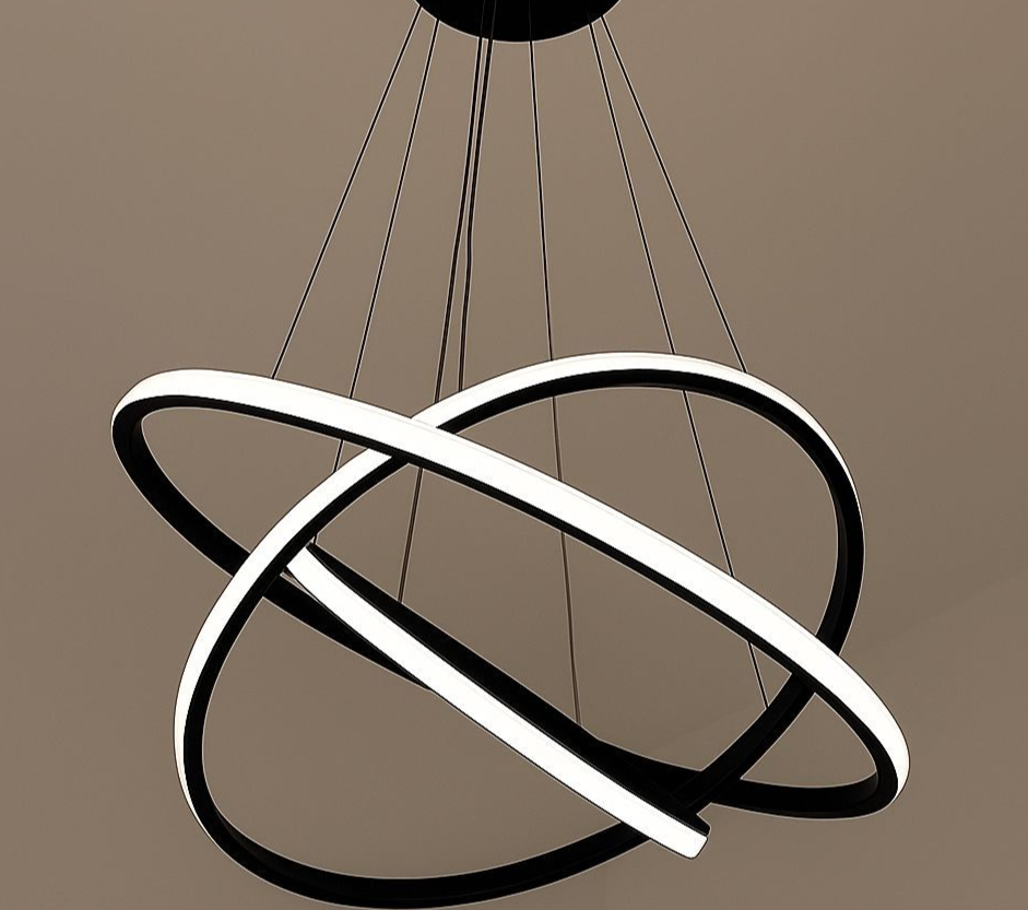 Lámpara de araña LED moderna en blanco y negro con dos anillos circulares entrecruzados, suspendida del techo.