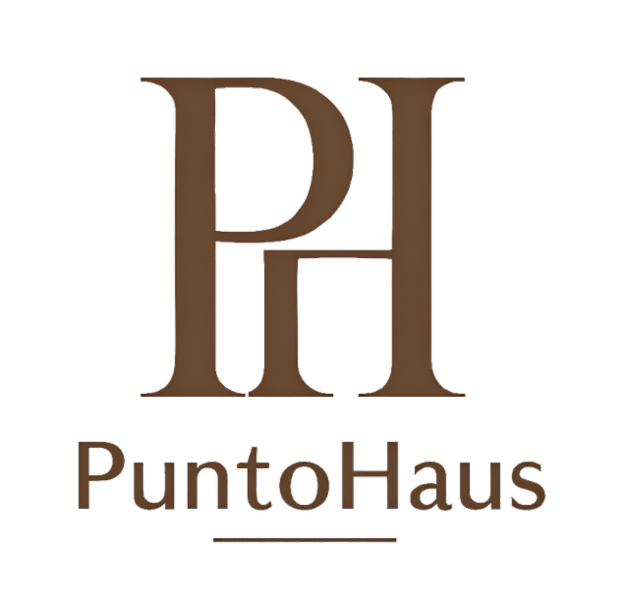 Un logotipo marrón para Puntohaus sobre un fondo blanco.