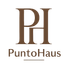 Un logotipo marrón para Puntohaus sobre un fondo blanco.