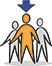 Orange figure with two white figures, a blue downward arrow.